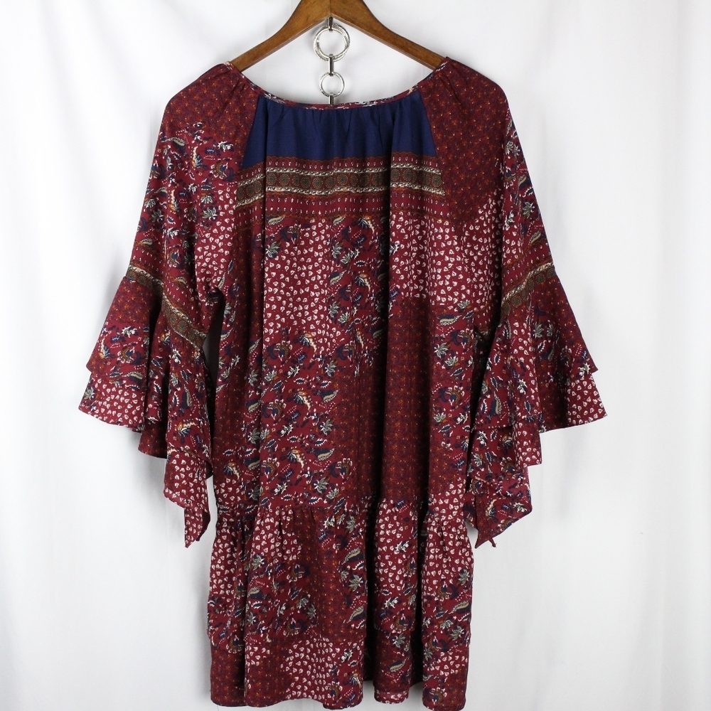 Umgee Burgandy tunic Top w/ Ruffled Bell Sleeves